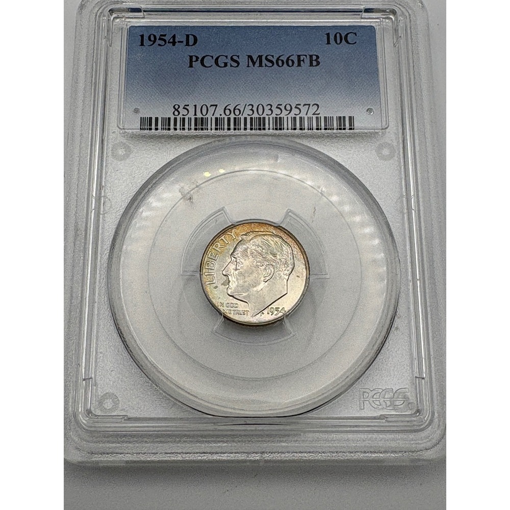 1954-D Roosevelt Dime PCGS MS66FB Silver Coin Full Bands Toned Mint State 10c